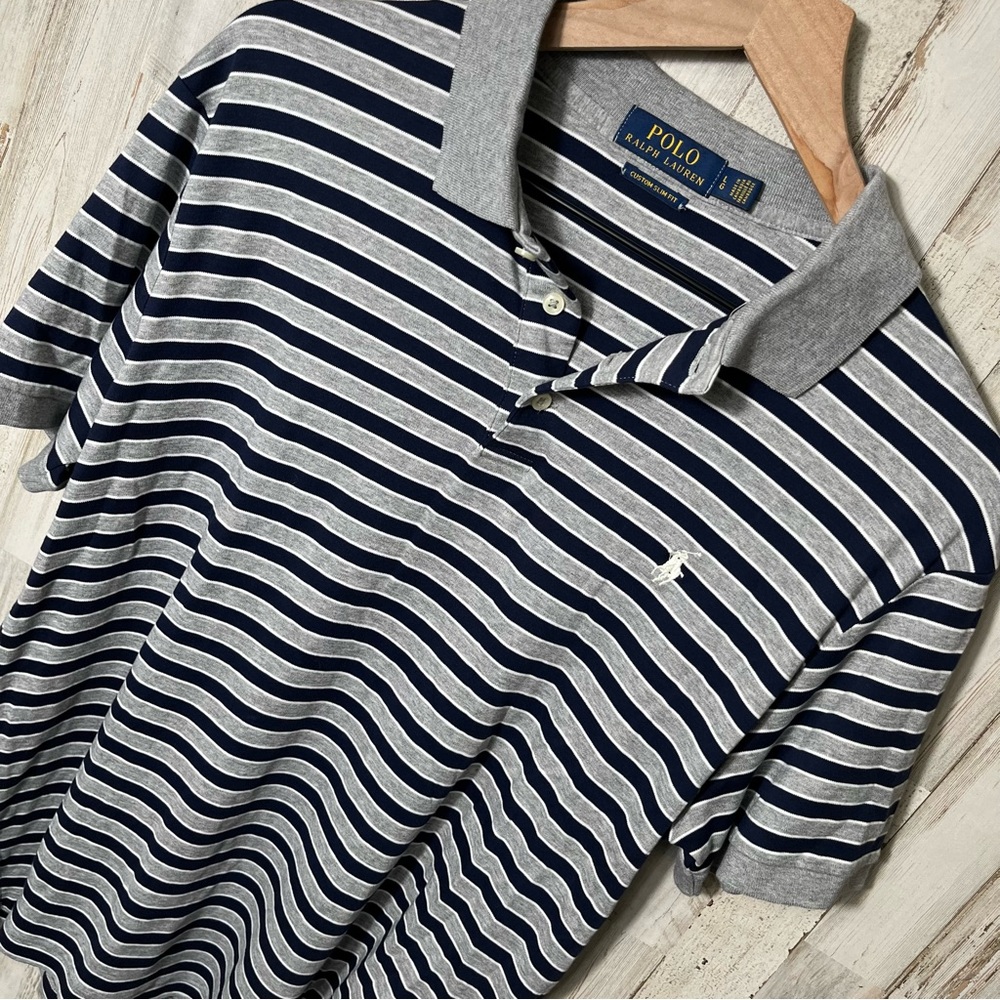 Polo‎ Ralph Lauren Gray Blue Stripe Short Sleeve Polo Shirt Mens Large